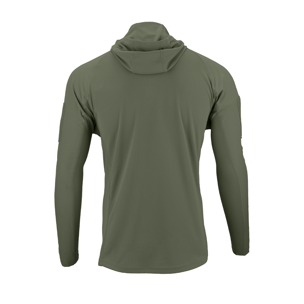 Back view of the Condor Trident Sun Shirt in olive green, featuring long sleeves and a hood, shown with a plain design on a white background.