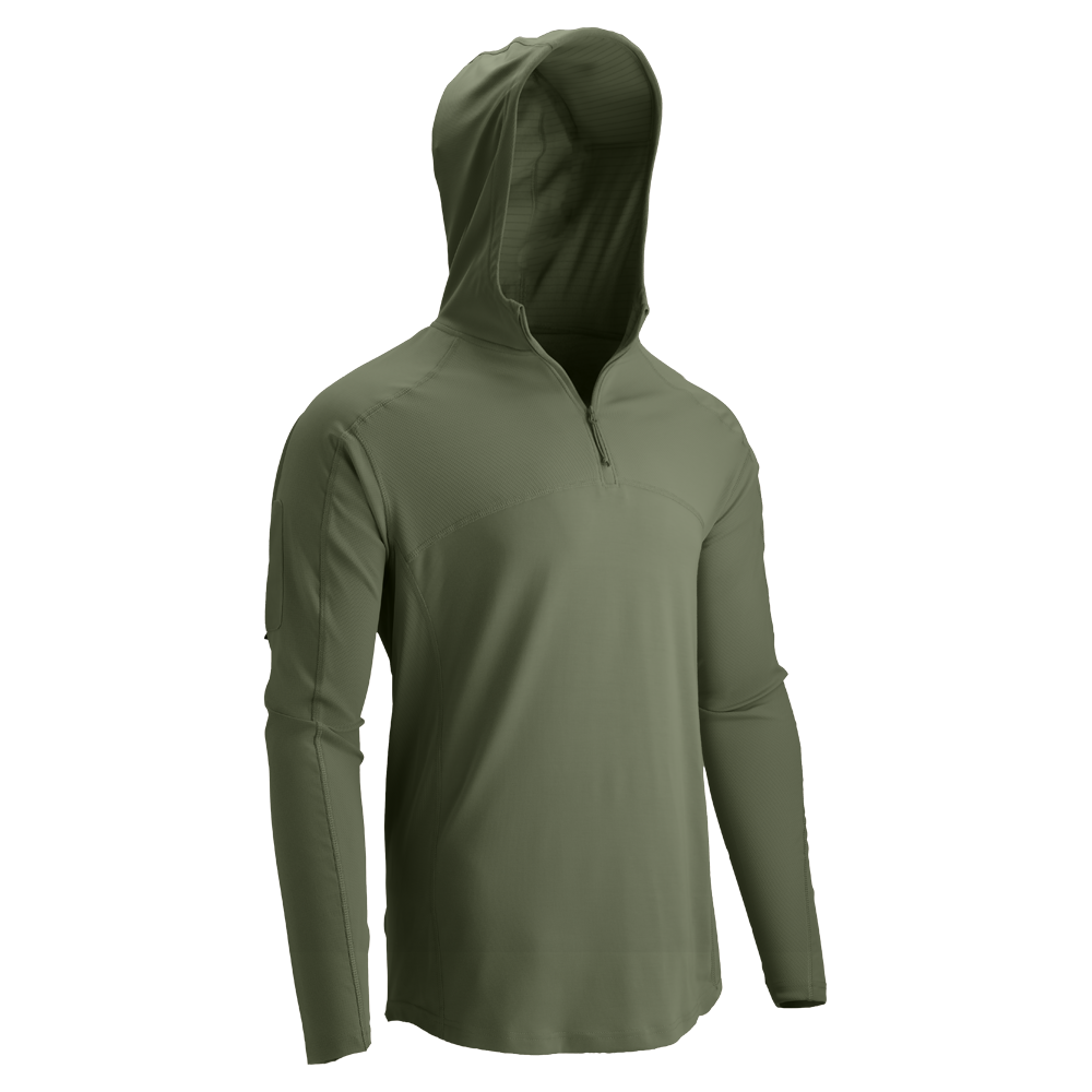 The Condor Trident Sun Shirt is an olive green, long-sleeve hooded pullover with a quarter zip and no visible logos or patterns, shown on a plain white background.