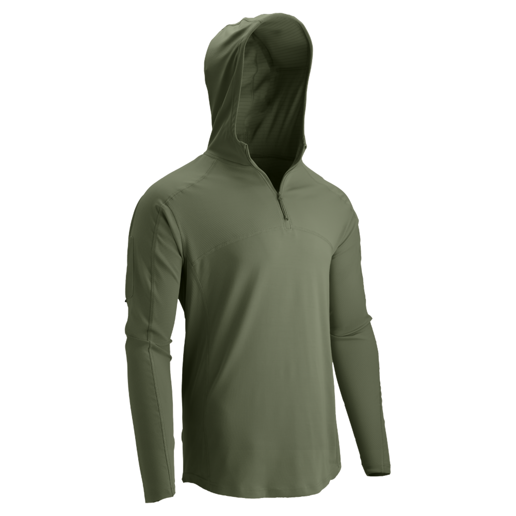 The Condor Trident Sun Shirt in olive green features long sleeves, a hood, and a quarter-zip front, displayed against a plain white background.
