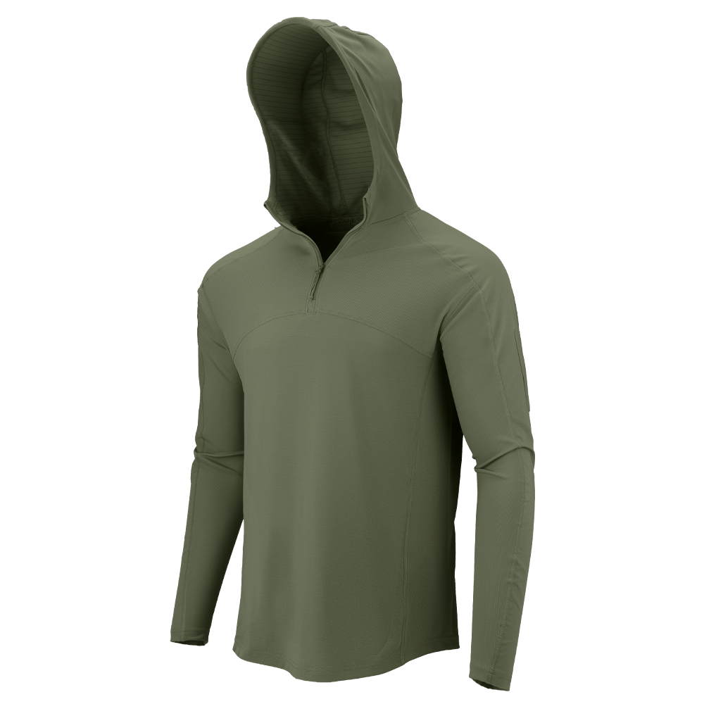 The Condor Trident Sun Shirt in Olive Drab is a long-sleeve hooded pullover with a quarter-zip front, shown on a plain white background.