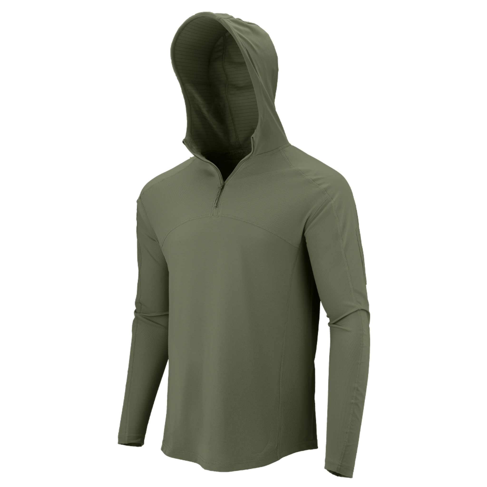 The Condor Trident Sun Shirt is an olive green long-sleeve hooded shirt with a quarter-zip front, shown on an invisible mannequin against a plain white background.