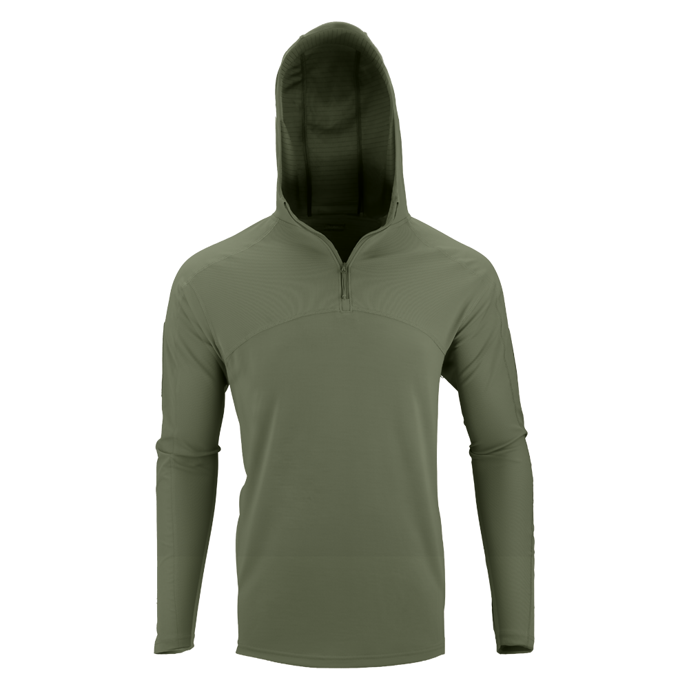 The Condor Trident Sun Shirt is an olive green, long-sleeve hooded pullover with a front half-zip closure, shown on a plain white background.