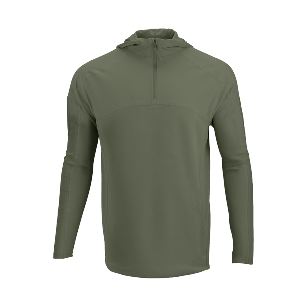 The Condor Trident Sun Shirt, an olive green long-sleeve hooded pullover with a front half-zip, is shown against a plain white background.