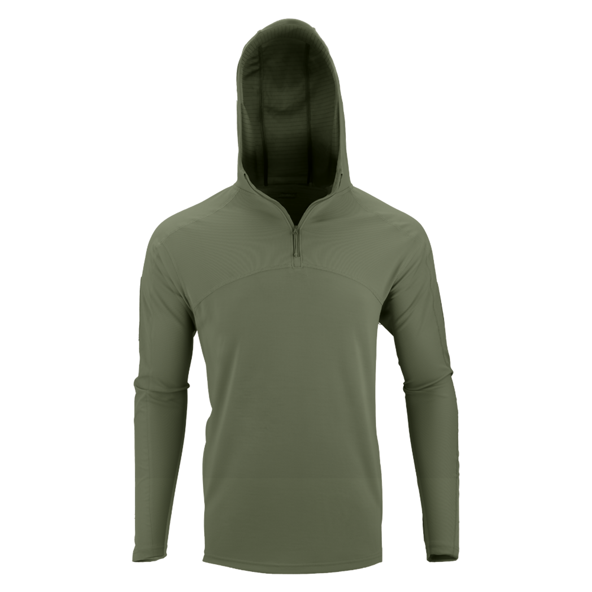 The Condor Trident Sun Shirt is an olive green, long-sleeve hooded pullover with a quarter-zip front, shown on a plain white background.
