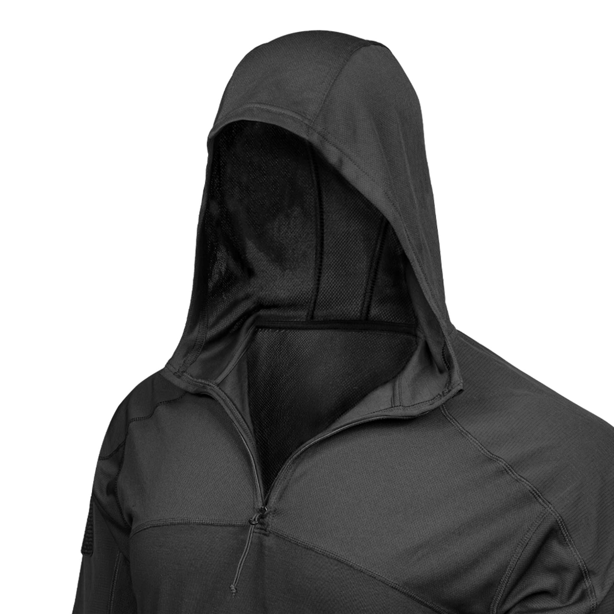The Condor Trident Sun Shirt, a black hooded garment with a front zipper, is displayed on a headless mannequin against a plain white background.