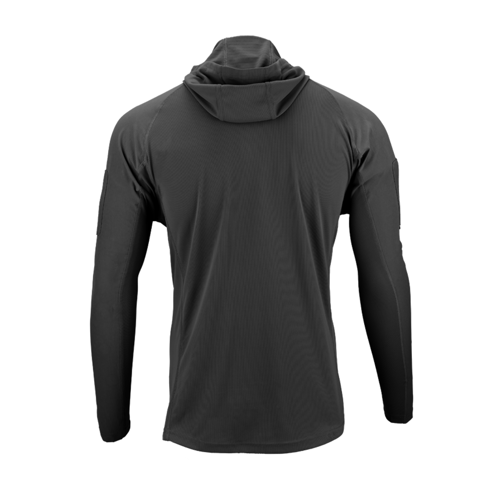 Back view of the Condor Trident Sun Shirt, a slim-fit, long-sleeve dark gray hooded top, shown against a plain white background.