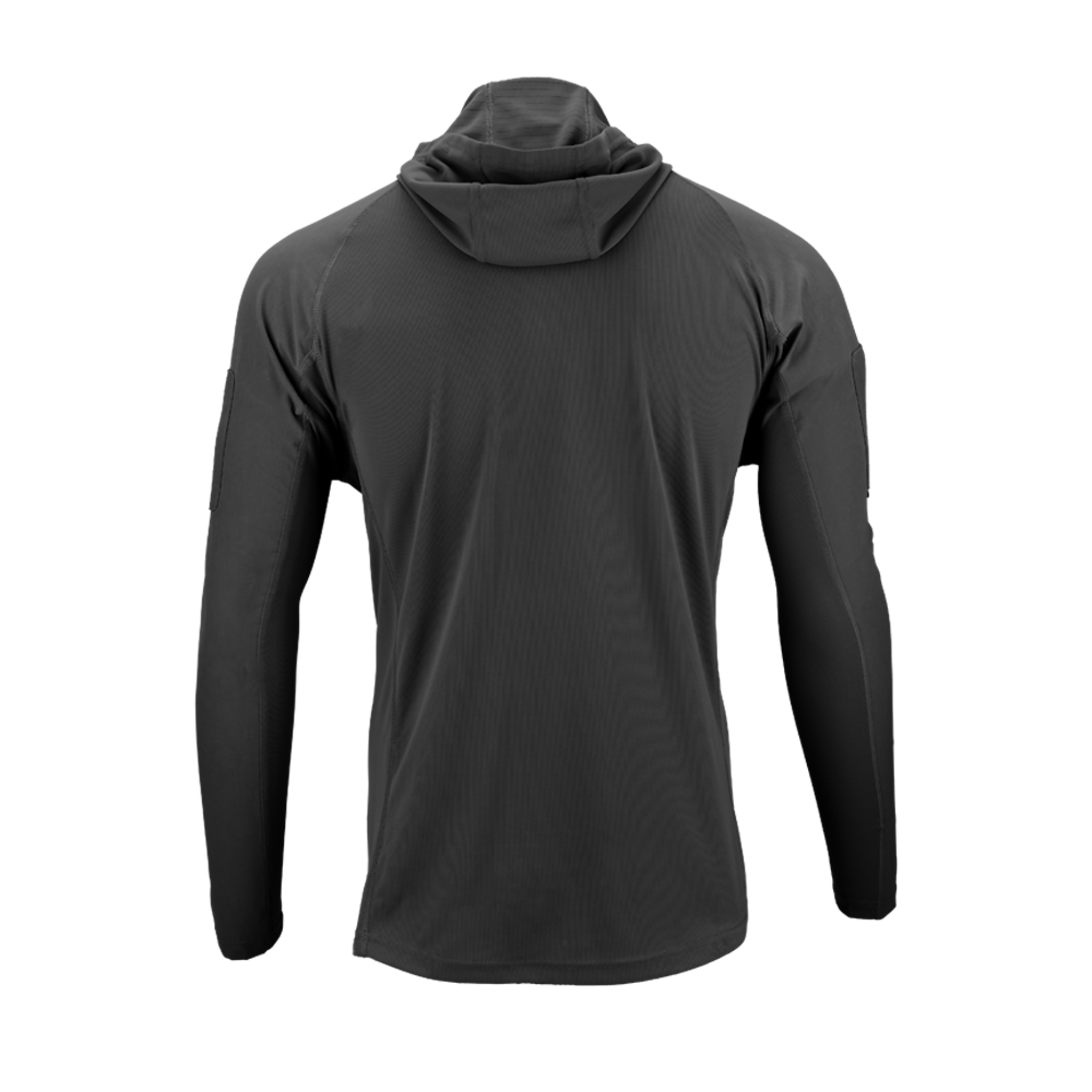 The Condor Trident Sun Shirt in black, featuring long sleeves and a hood, is displayed from the back against a plain white background.