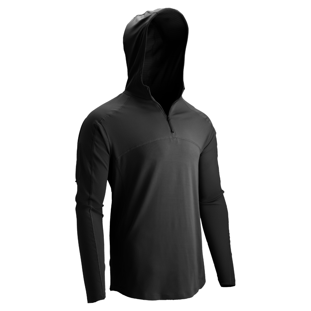 Condor Trident Sun Shirt in black, a long-sleeve hooded pullover with quarter-zip front, displayed on a plain white background.