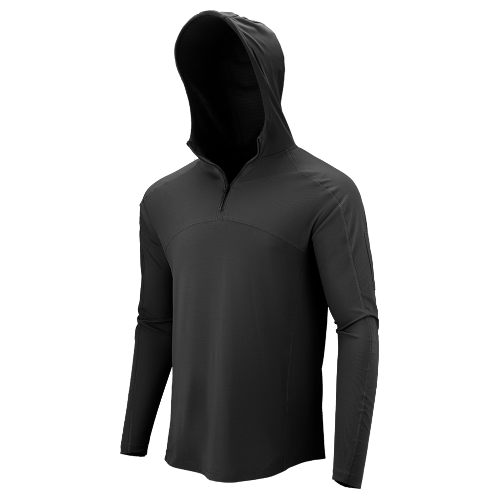 The Condor Trident Sun Shirt is a black, long-sleeved athletic hoodie with a fitted hood and front quarter-zip, shown on a plain white background.
