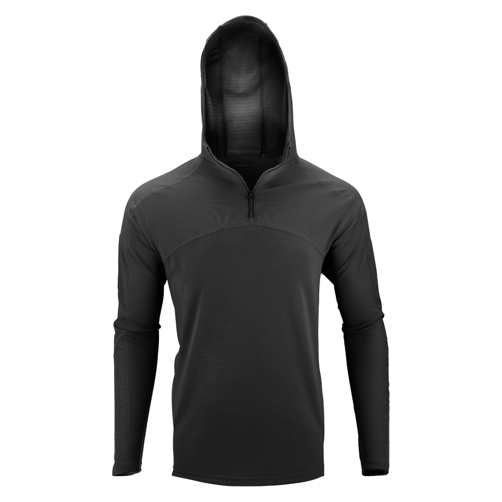 The Condor Trident Sun Shirt is a black, long-sleeve, hooded athletic pullover with a half-zip front, shown against a plain white background.