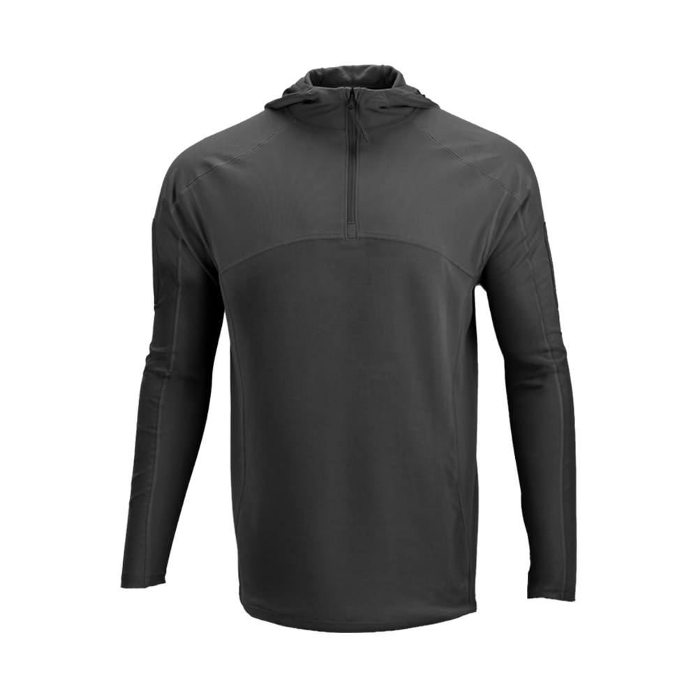 The Condor Trident Sun Shirt is a dark gray, long-sleeve hooded pullover with a half-zip front, shown against a plain white background.