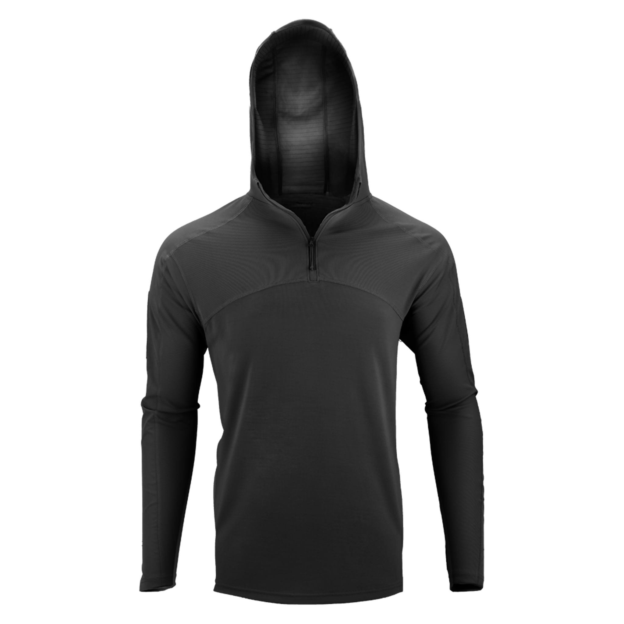 The Condor Trident Sun Shirt is a black, long-sleeve hooded pullover with a front half-zip, shown on a plain white background.