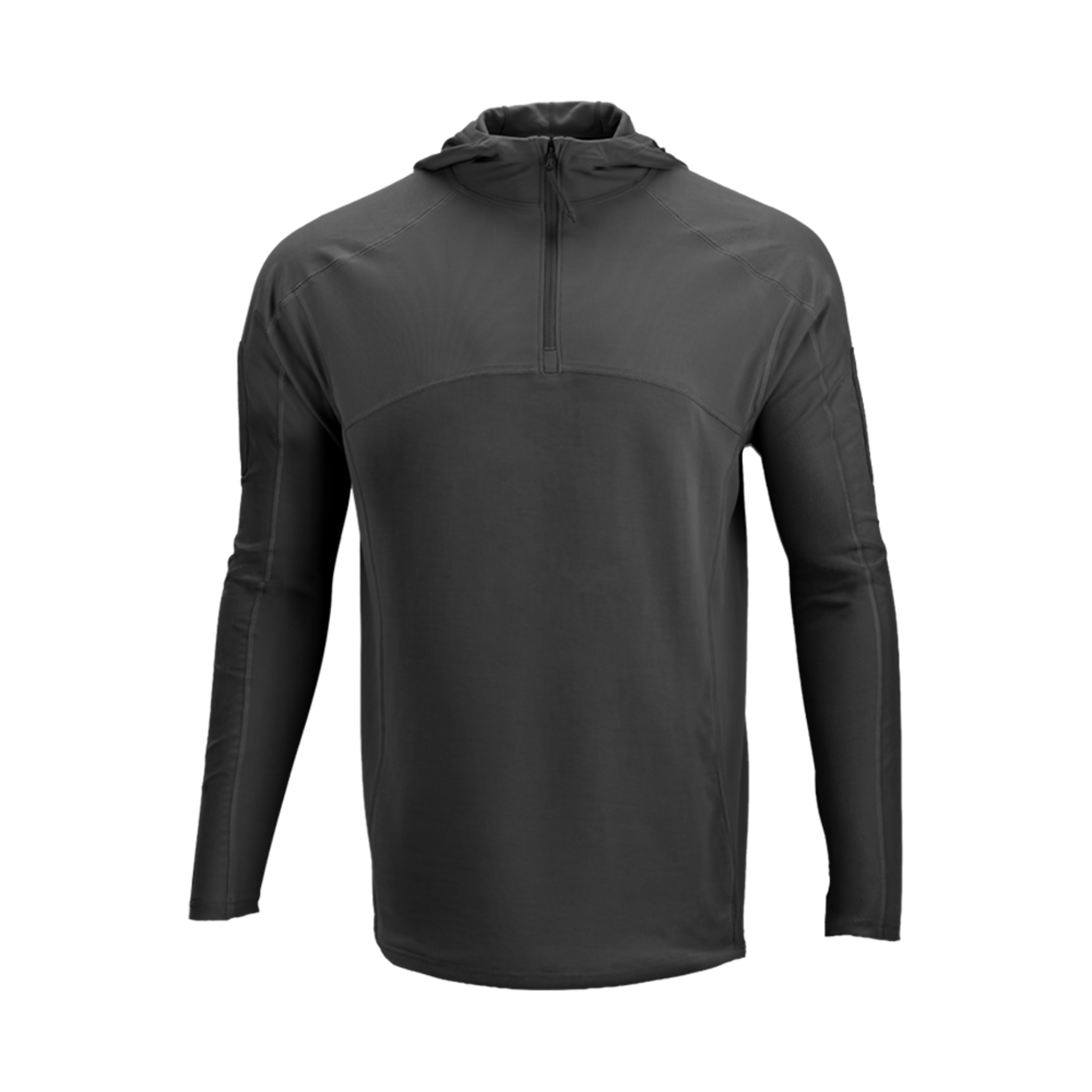 The Condor Trident Sun Shirt is a black long-sleeve hooded pullover with a front half-zip, shown on a white background.