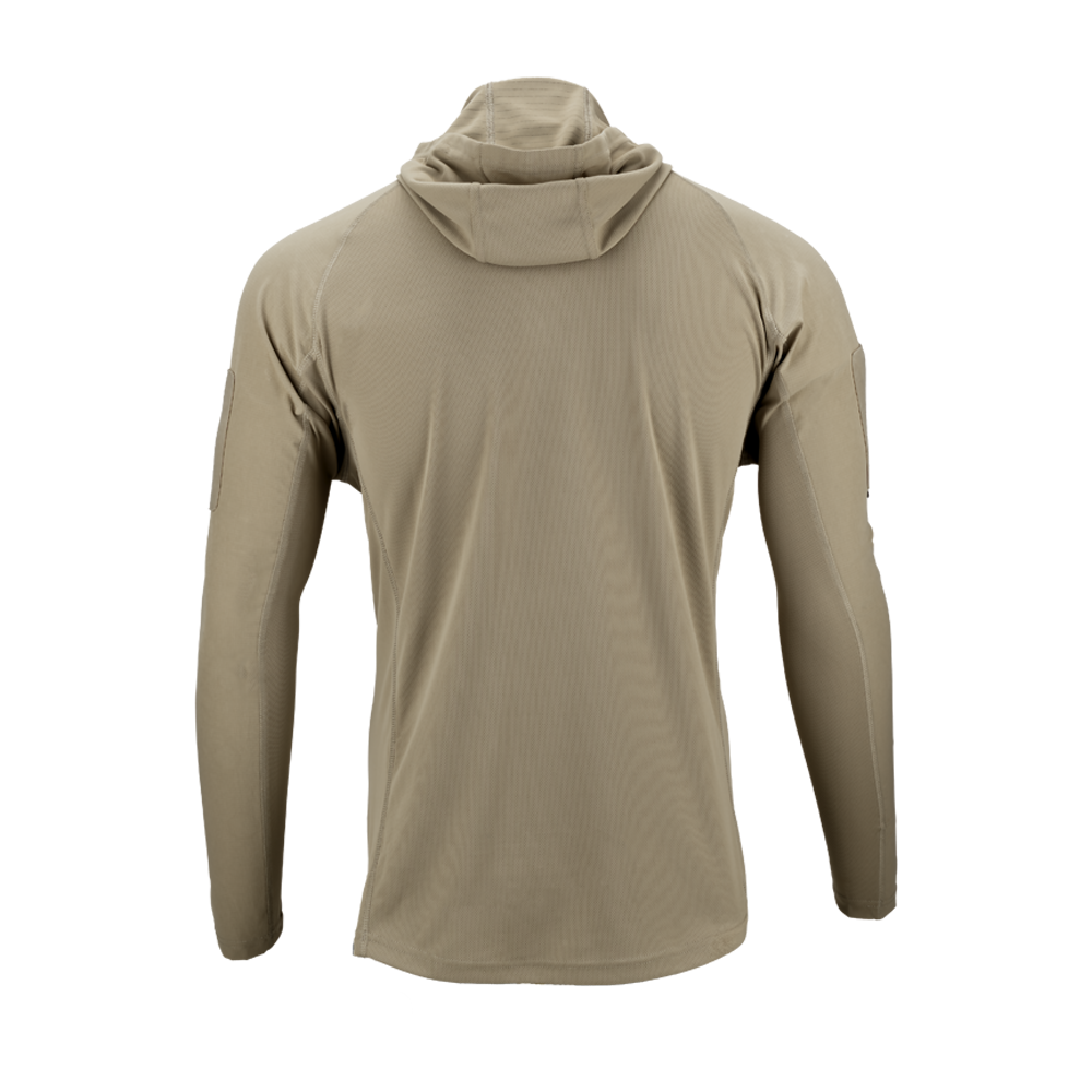 Back view of the Condor Trident Sun Shirt, a relaxed-fit, tan long-sleeve hoodie, displayed against a plain white background.