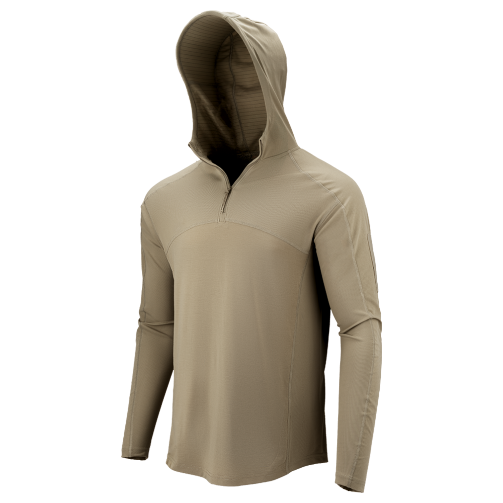The Condor Trident Sun Shirt in Silver Tan features long sleeves and a quarter-zip hooded pullover design, shown on a featureless mannequin against a plain white background.