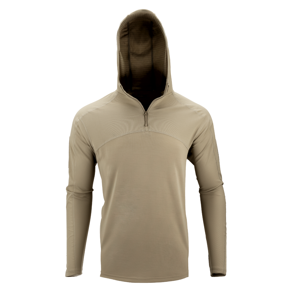 The Condor Trident Sun Shirt is a beige long-sleeve hooded pullover with a quarter-zip neckline, shown on a plain white background.