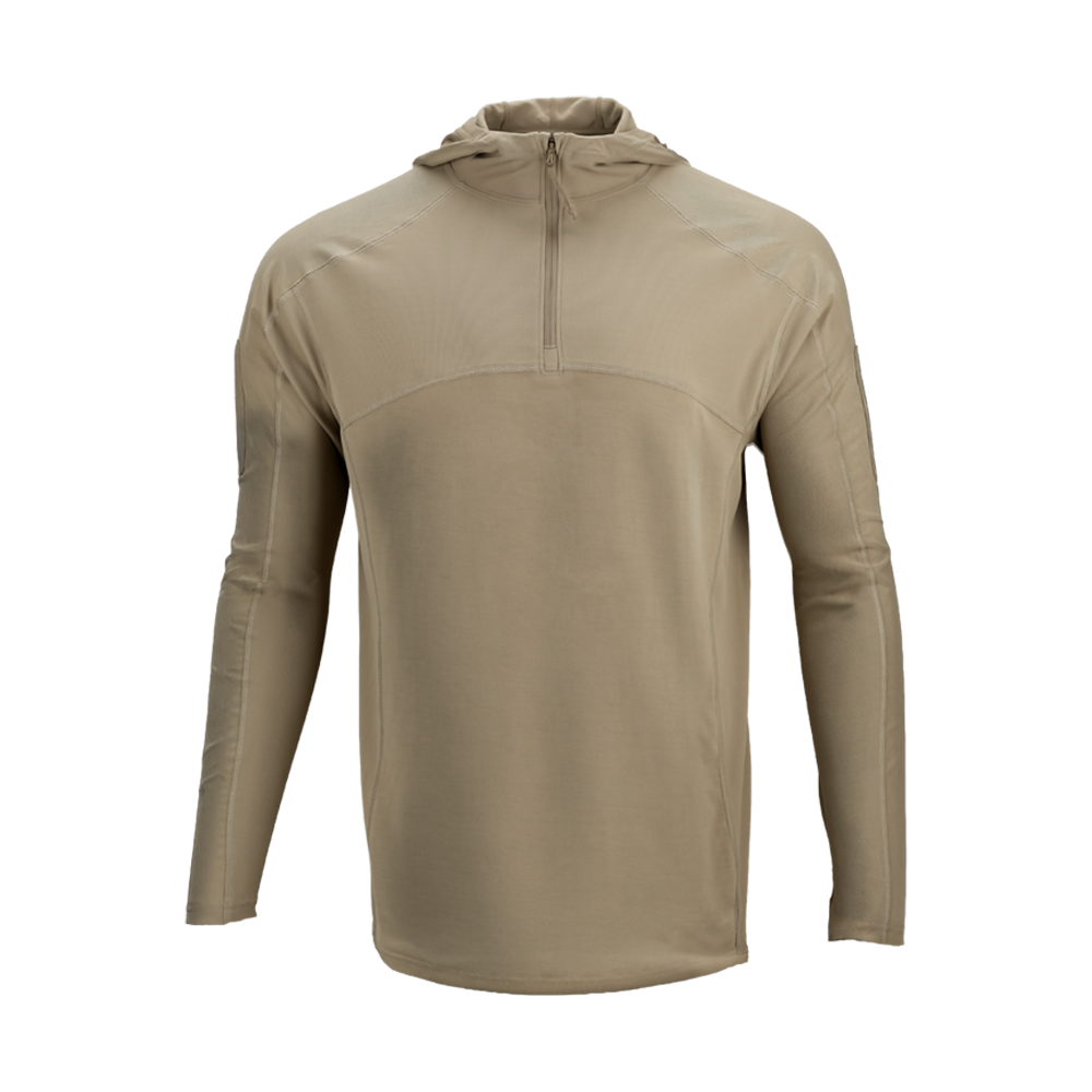 The Condor Trident Sun Shirt is a light brown, long-sleeve hooded pullover with a quarter-zip front, shown on a plain white background.