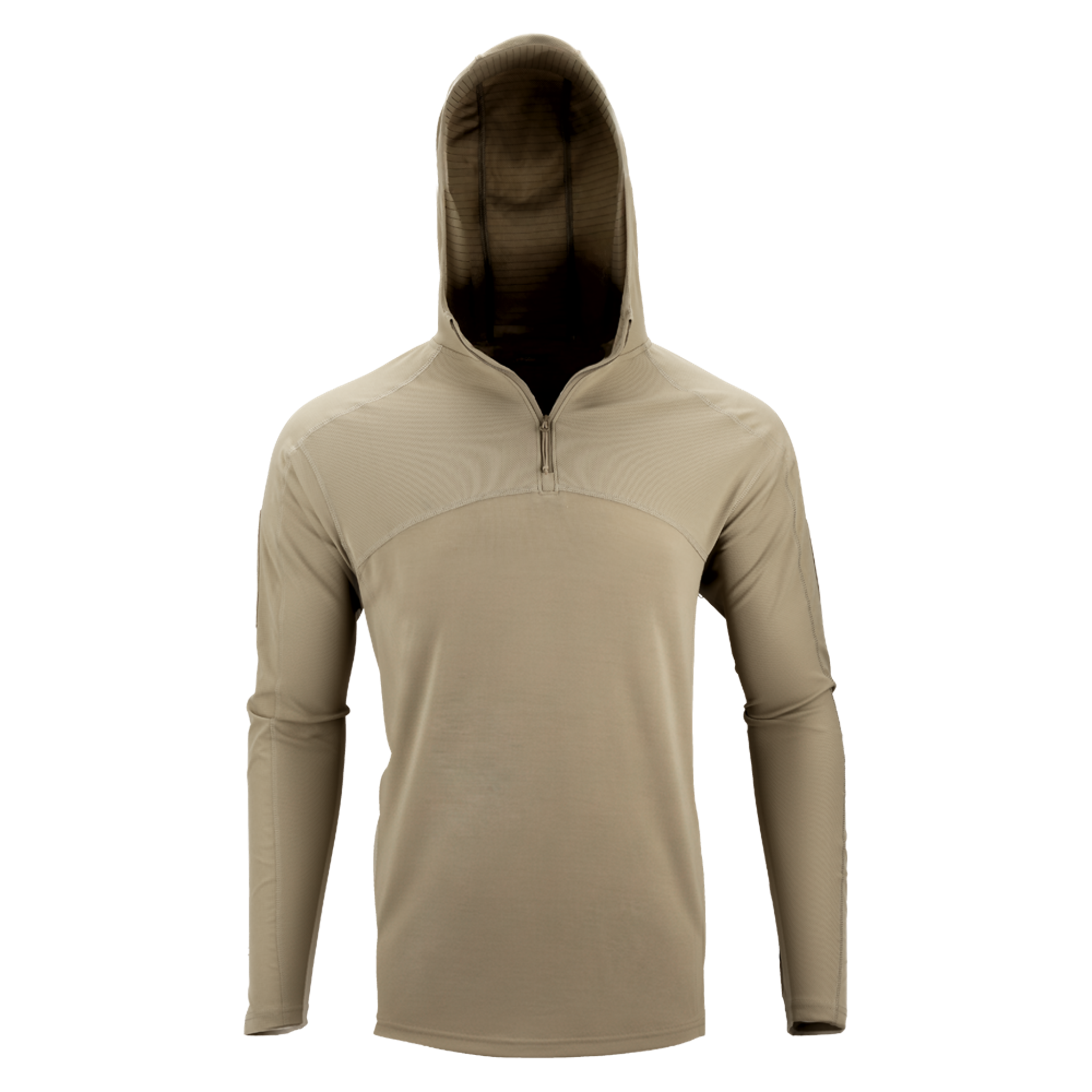 The Condor Trident Sun Shirt is a tan, long-sleeve hooded pullover with a quarter zipper, shown on a plain white background.