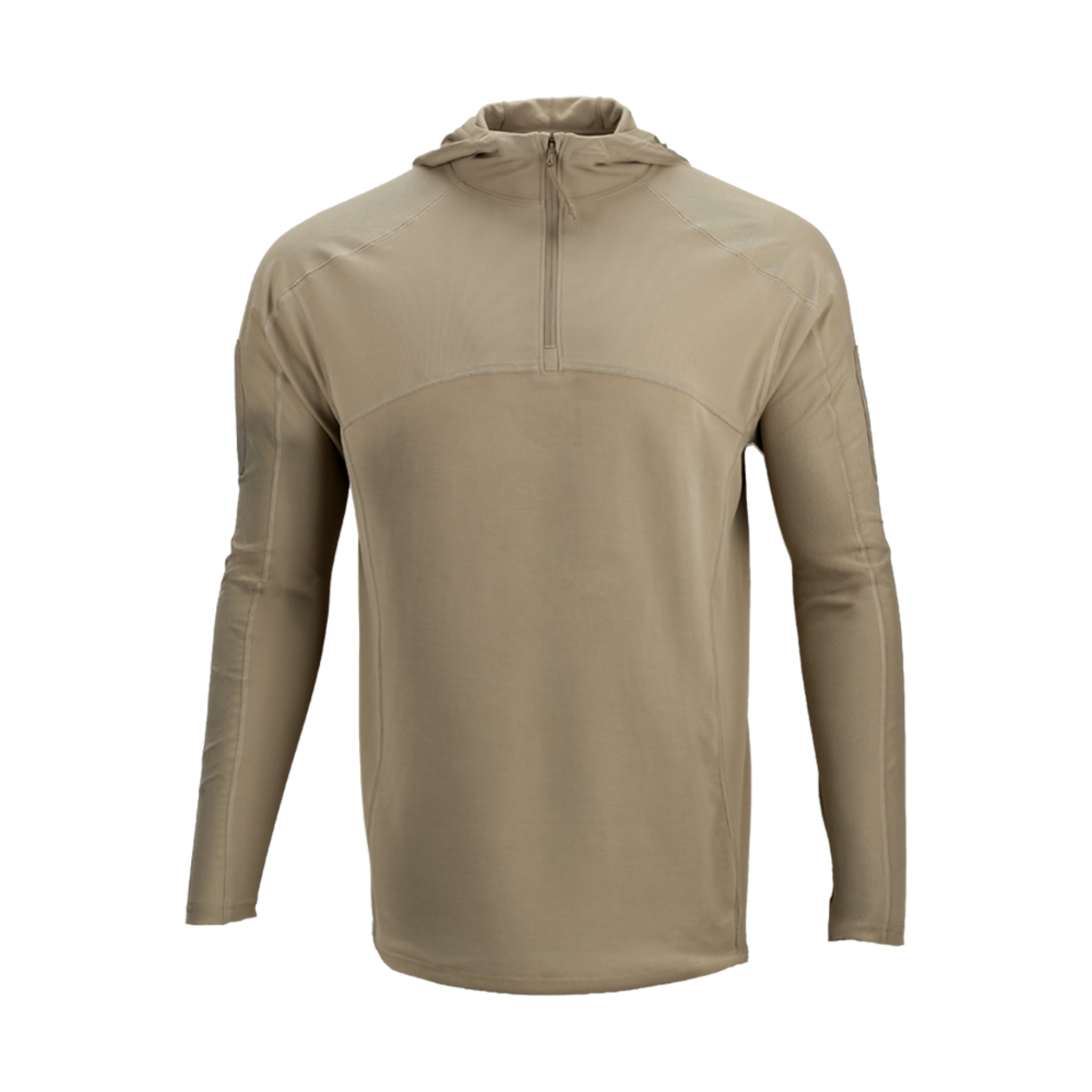 The Condor Trident Sun Shirt is a beige, long-sleeve hooded pullover with a quarter-zip front, shown against a plain white background.