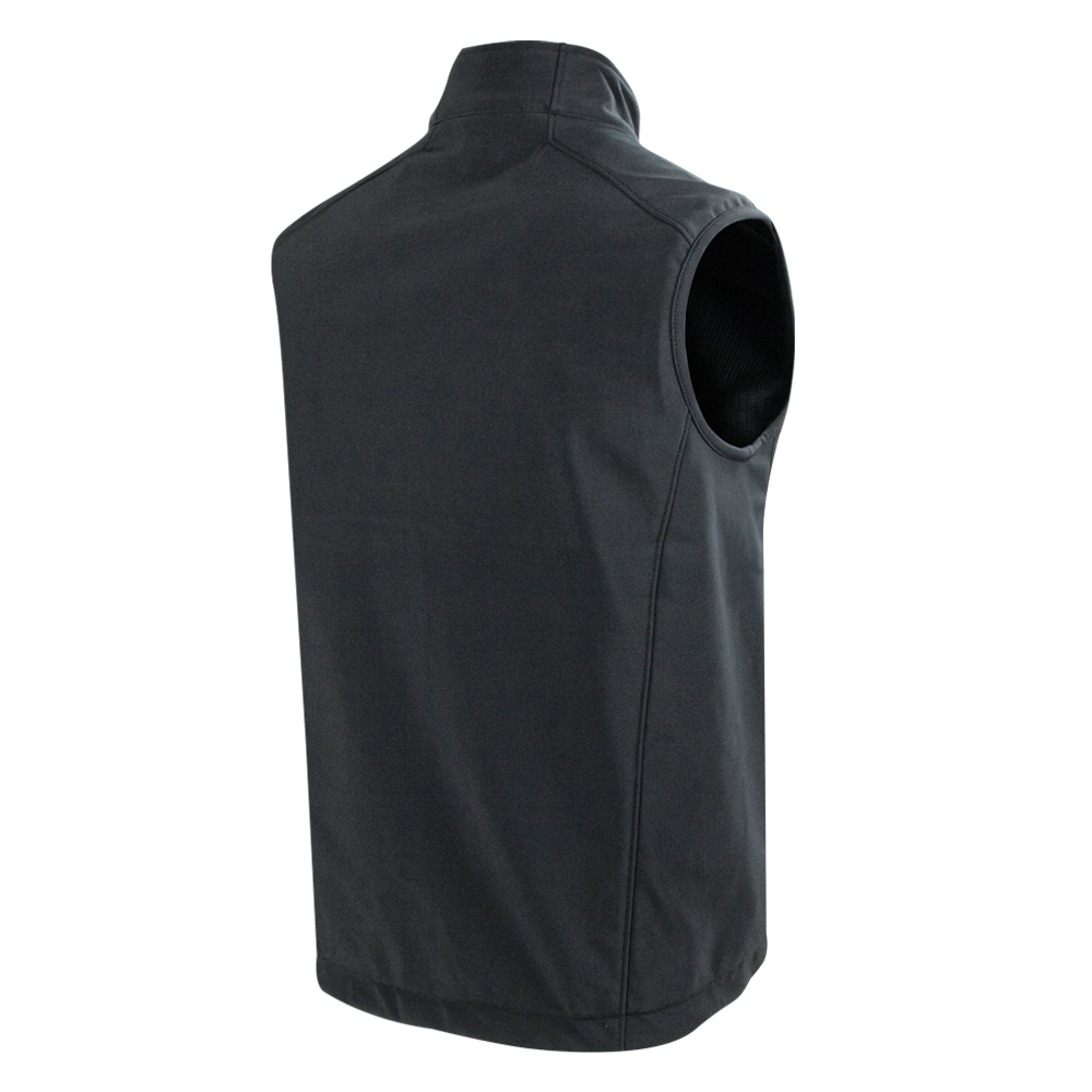 Back view of the Condor Core Softshell Vest—a sleeveless black vest with a high collar and visible seams. Its simple design makes it ideal for shooting ranges or bushcraft activities.