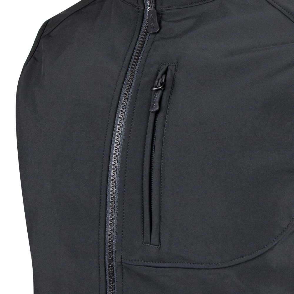 Close-up of the Condor Core Softshell Vest in black, featuring a vertical zippered chest pocket and main front zipper—designed for military use or as dependable EDC gear.