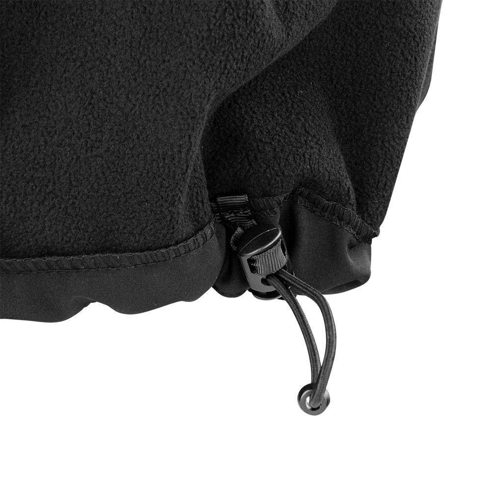 Close-up of the hem of the Condor Core Softshell Vest, a black fleece garment with an adjustable drawstring and plastic toggle—perfect for EDC or bushcraft use.