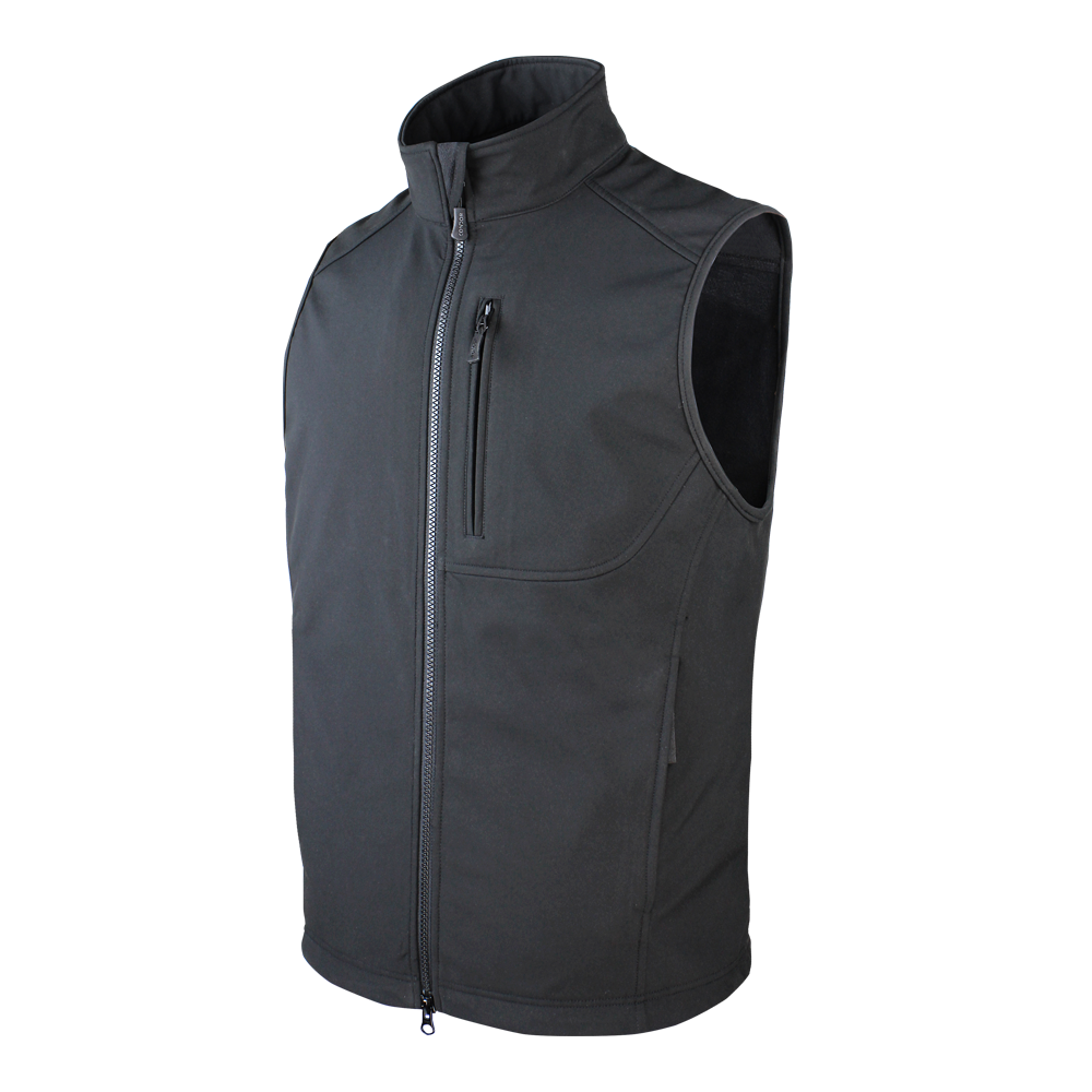 The Condor Core Softshell Vest, shown in black with a high collar, sleeveless design, and multiple zippered pockets, is perfect for bushcraft adventures—displayed on a plain background.