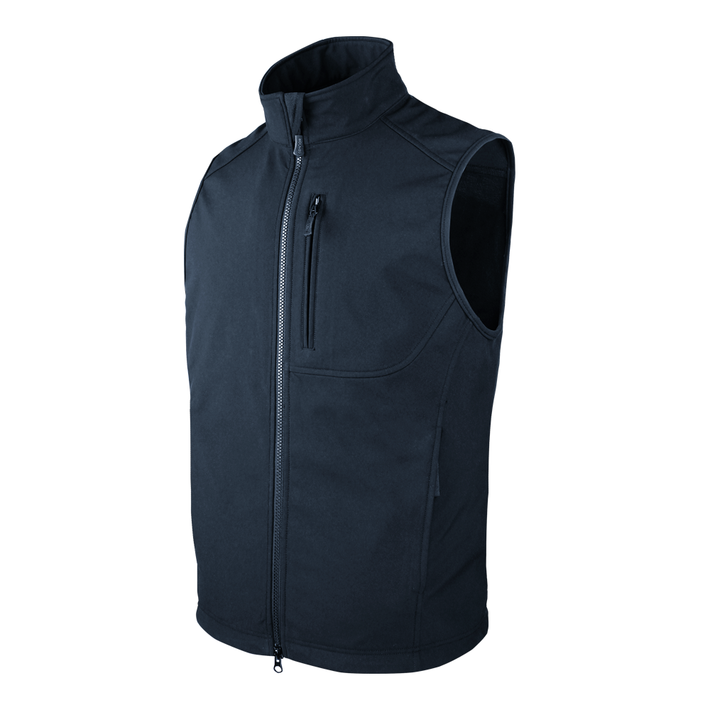 The Condor Core Softshell Vest is a sleeveless black zip-up vest with a high collar, chest zipper pocket, and two side pockets for bushcraft or EDC use, shown on a white background.