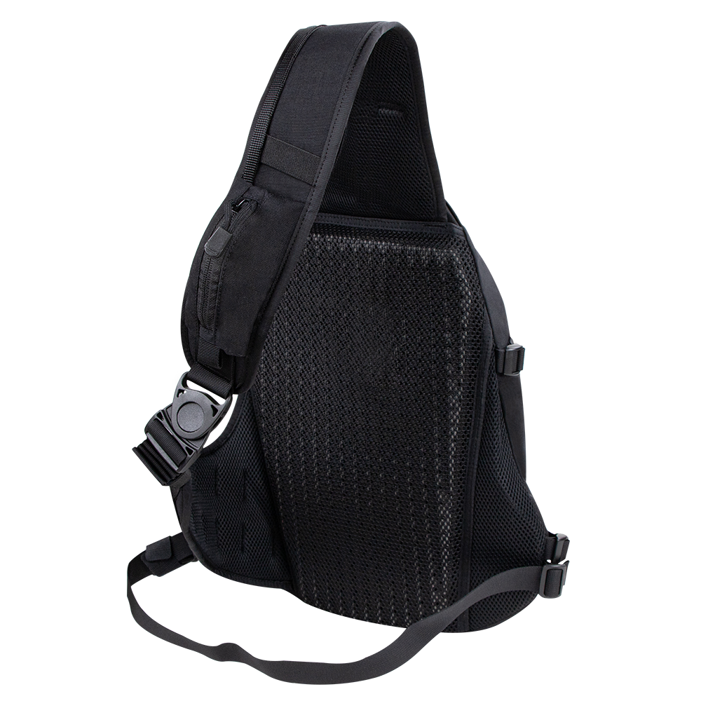 The Condor Elite Sector Sling Bag 18L by Condor is a black tactical backpack featuring a single adjustable shoulder strap, mesh back panel, and is shown from the back.
