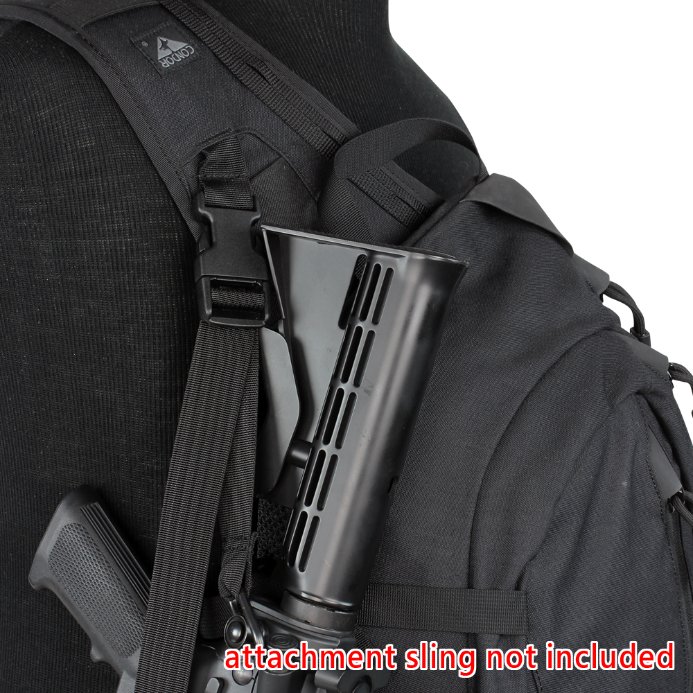 A close-up of the Condor Elite Sector Sling Bag 18L by Condor with a firearm stock in the side pouch; text reads attachment sling not included.
