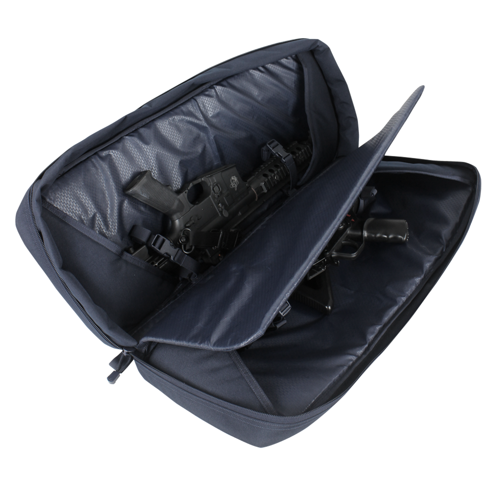 A partially unzipped black Condor 27 Dispatch Take Down Case reveals a compact EDC firearm securely stored inside.