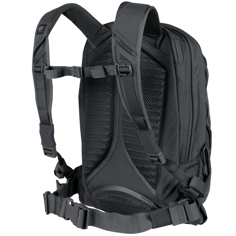 The Condor Elite Fail Safe Urban Backpack Gen II 18L by Condor is shown from the back, highlighting its padded shoulder straps, mesh back panel, and adjustable chest and waist straps.