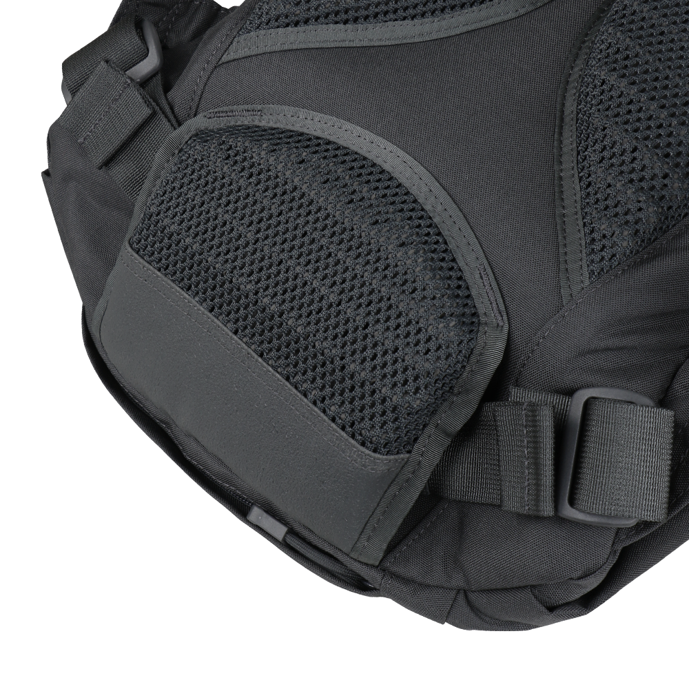 Close-up of the Condor Elite Fail Safe Urban Backpack Gen II 18L’s black pocket with mesh detailing and a plastic buckle strap by Condor, perfect for EDC or military use.