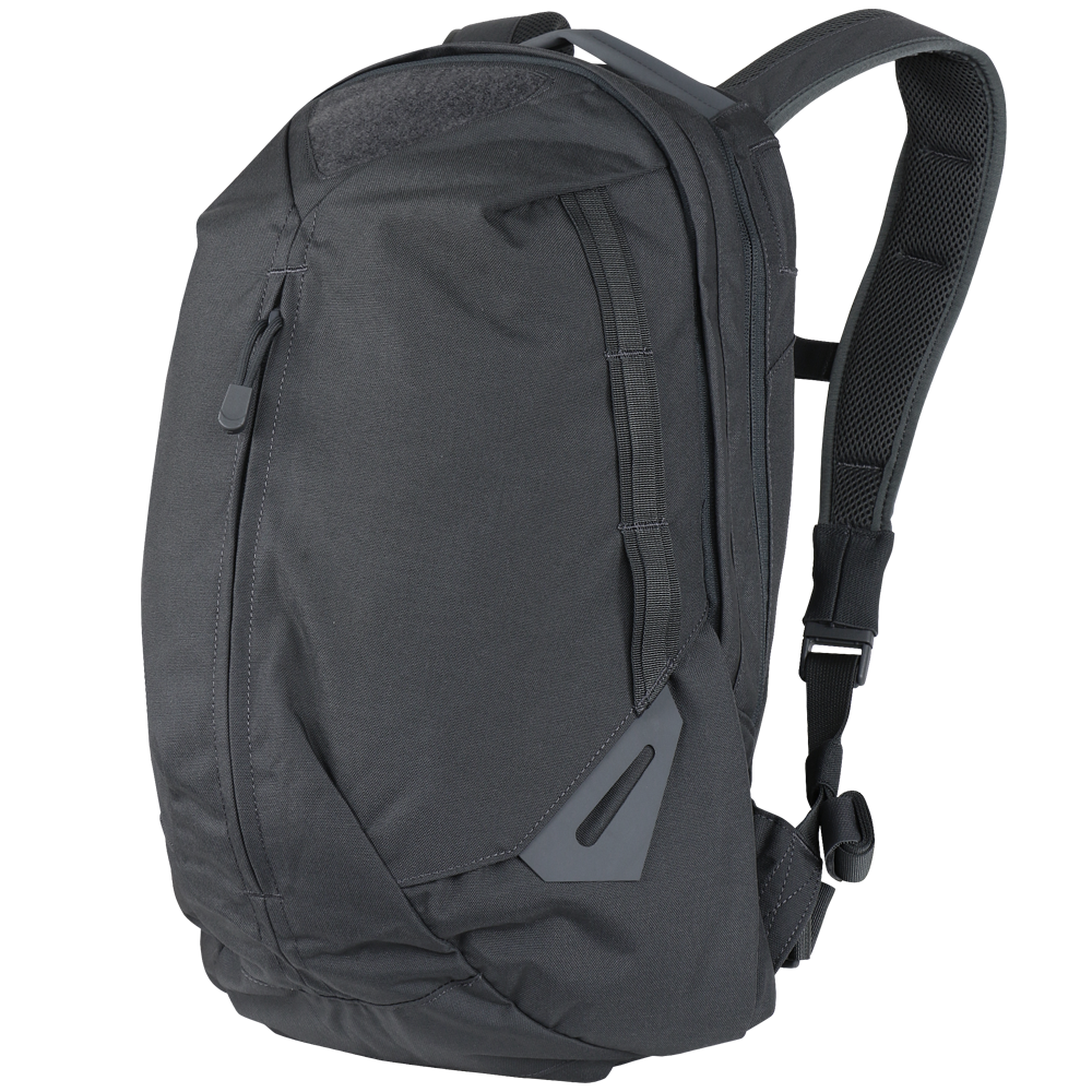 The Condor Elite Fail Safe Urban Backpack Gen II 18L by Condor features a black, minimalist design with padded shoulder straps and side zipper pocket—perfect for military or bushcraft use—displayed on a transparent background.