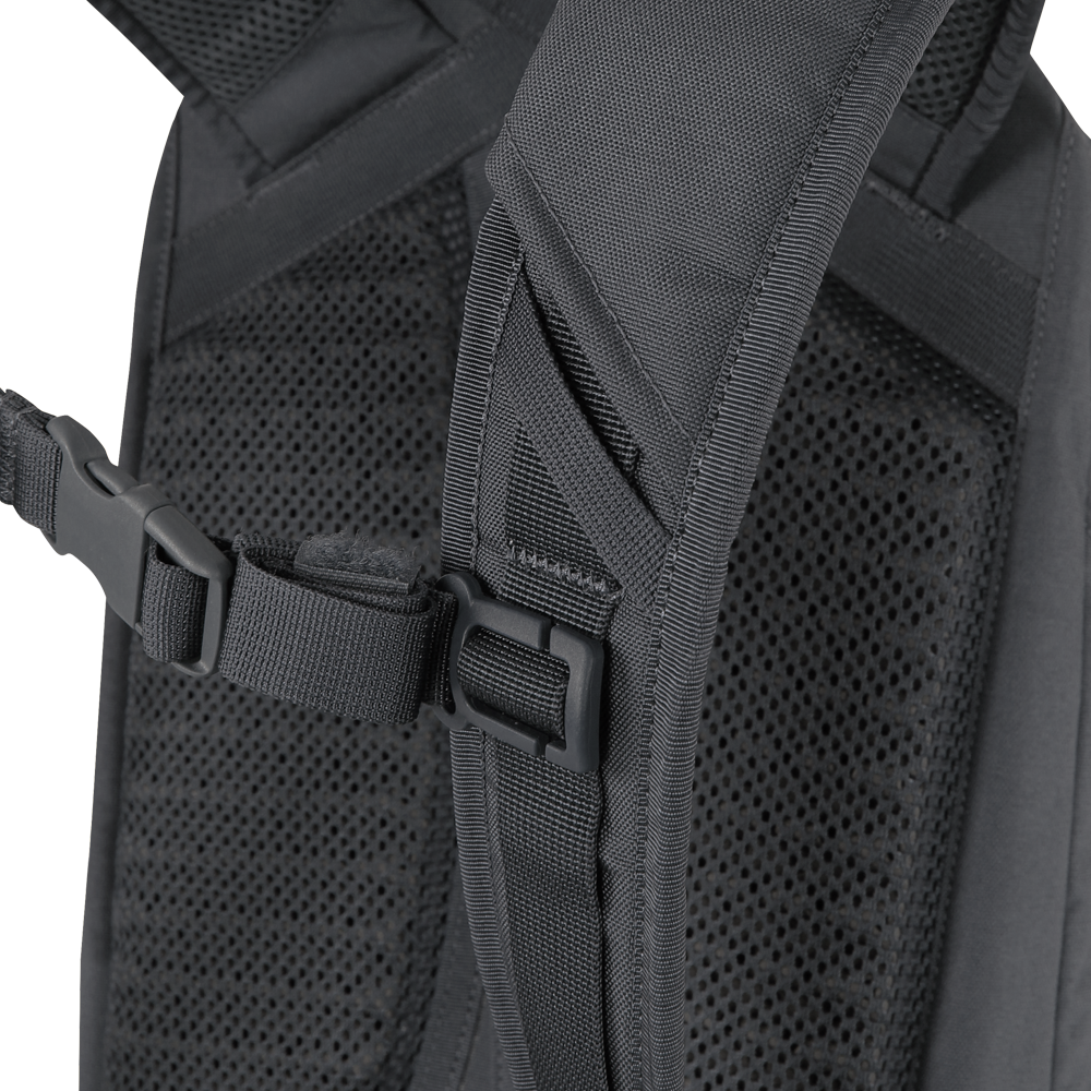 Close-up of Condor Elite Fail Safe Urban Backpack Gen II 18L’s black shoulder straps with mesh padding and adjustable buckle—ideal for EDC or first responder use.