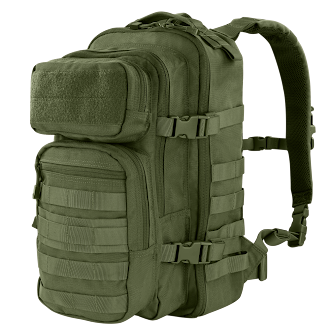 The Condor Compact Assault Backpack Gen II 24L is an olive green tactical backpack featuring multiple zippered compartments, adjustable shoulder straps, and side buckles.