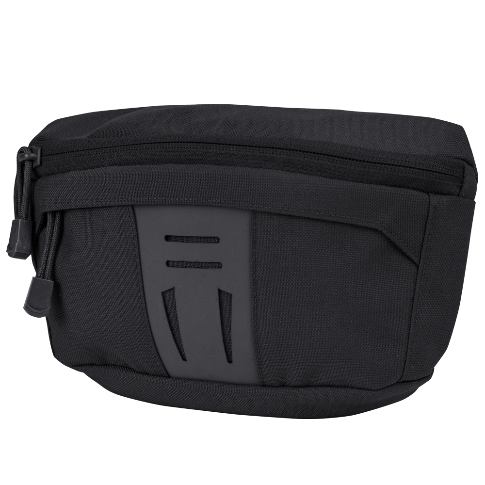 The Condor Draw Down Waist Pack Gen III is a black tactical zippered pouch made from durable fabric, featuring a front pocket and a rubberized accent panel.