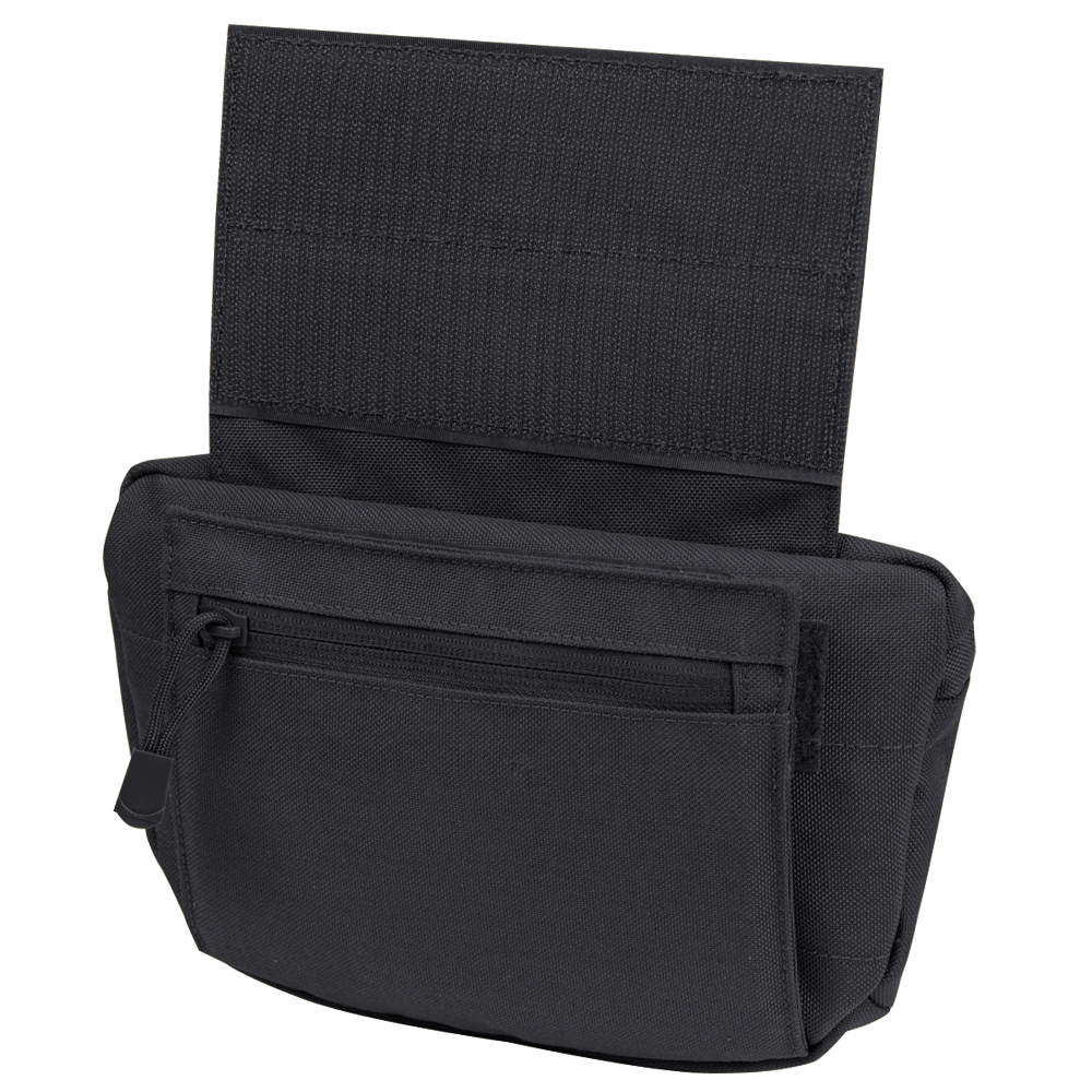 The Condor Draw Down Waist Pack Gen III is a black nylon tactical pouch with a zippered front pocket and open flap, designed to carry small items—perfect for law enforcement or first responders.