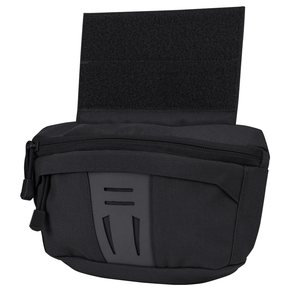 The Condor Draw Down Waist Pack Gen III is a black utility pouch with a zippered main compartment and large Velcro top flap, designed for easy attachment to gear—ideal for military or first responder use.