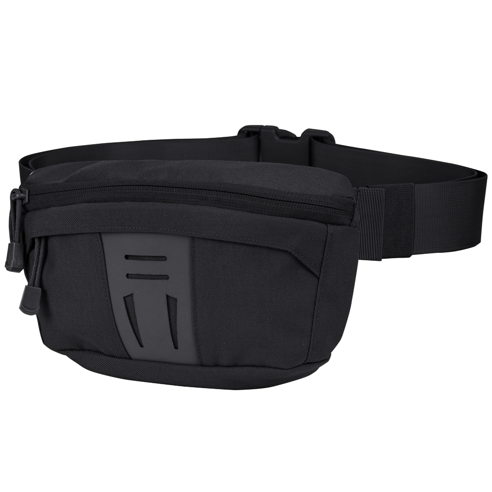 The Condor Draw Down Waist Pack Gen III, a tactical black bag with a zippered main compartment, front pocket, and adjustable strap, is displayed against a white background.
