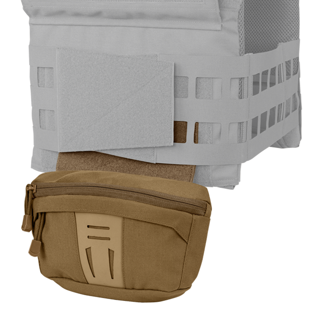 Close-up of the Condor Draw Down Waist Pack Gen III in tan, attached to the lower front of a light gray tactical vest featuring mesh and Velcro panels.
