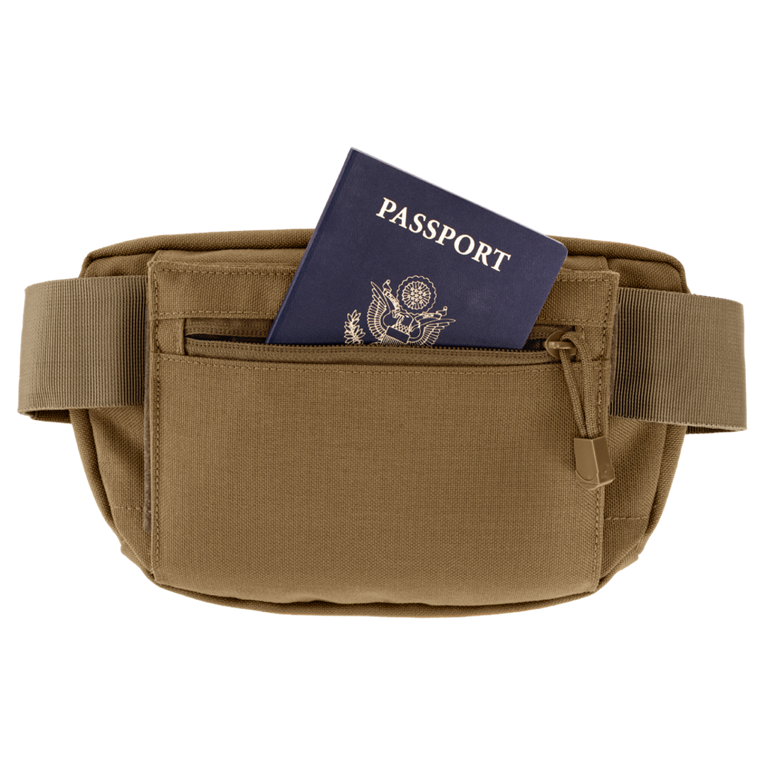 The Condor Draw Down Waist Pack Gen III in brown features a front zipper pocket with a passport partially visible inside.