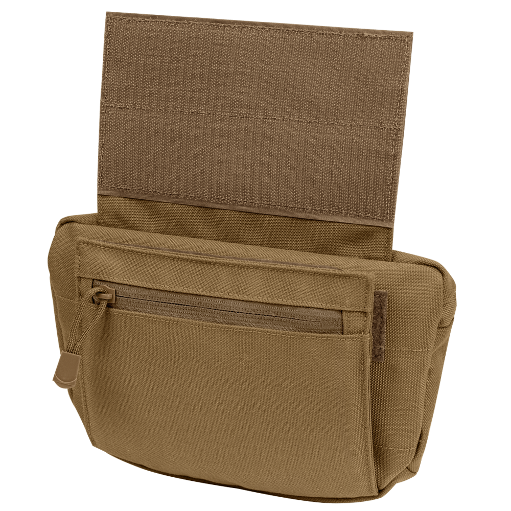 The Condor Draw Down Waist Pack Gen III is a tan tactical pouch with a zippered front pocket and hook-and-loop flap, crafted from durable fabric for military or first responder use when carrying small gear or accessories.