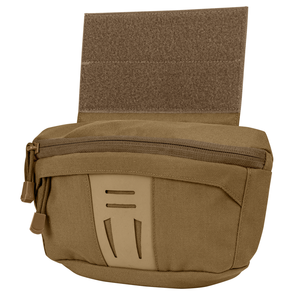 The Condor Draw Down Waist Pack Gen III is a tan tactical pouch with a zippered main compartment, front pocket, and Velcro back panel—ideal for first responders and law enforcement professionals.