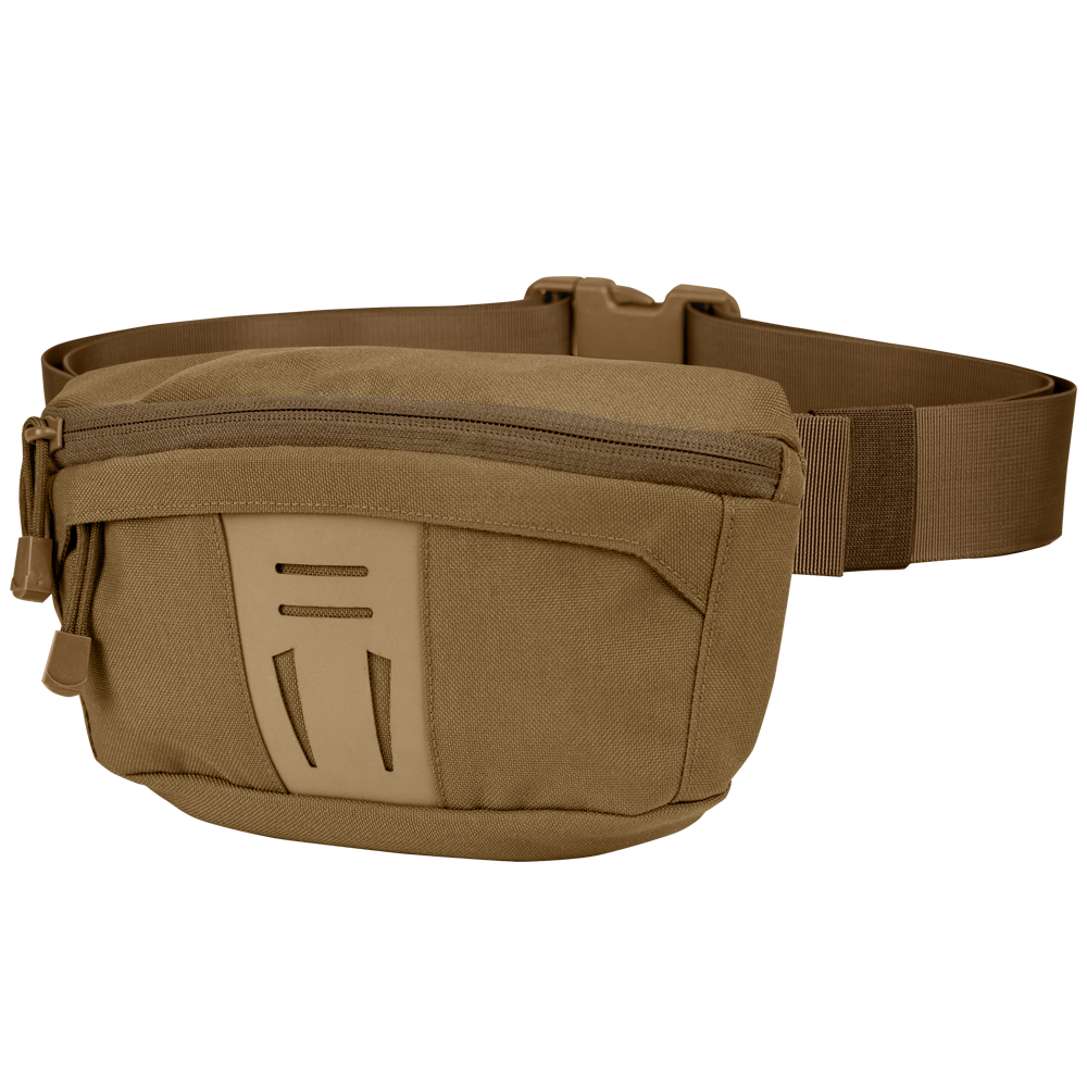 The Condor Draw Down Waist Pack Gen III features a tan color, front zipper pocket, adjustable strap, and minimalist design—perfect for first responders and law enforcement professionals.