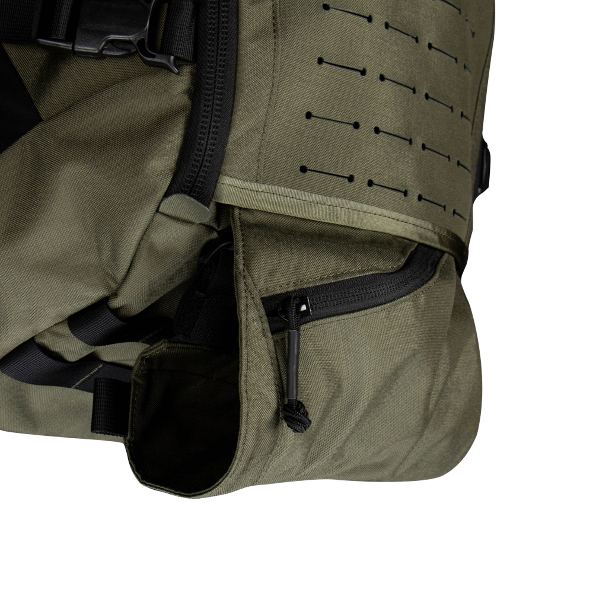 Close-up of the Condor Nomad Backpack 25L in olive green, featuring a zippered pocket and part of the main compartment with laser-cut MOLLE webbing.