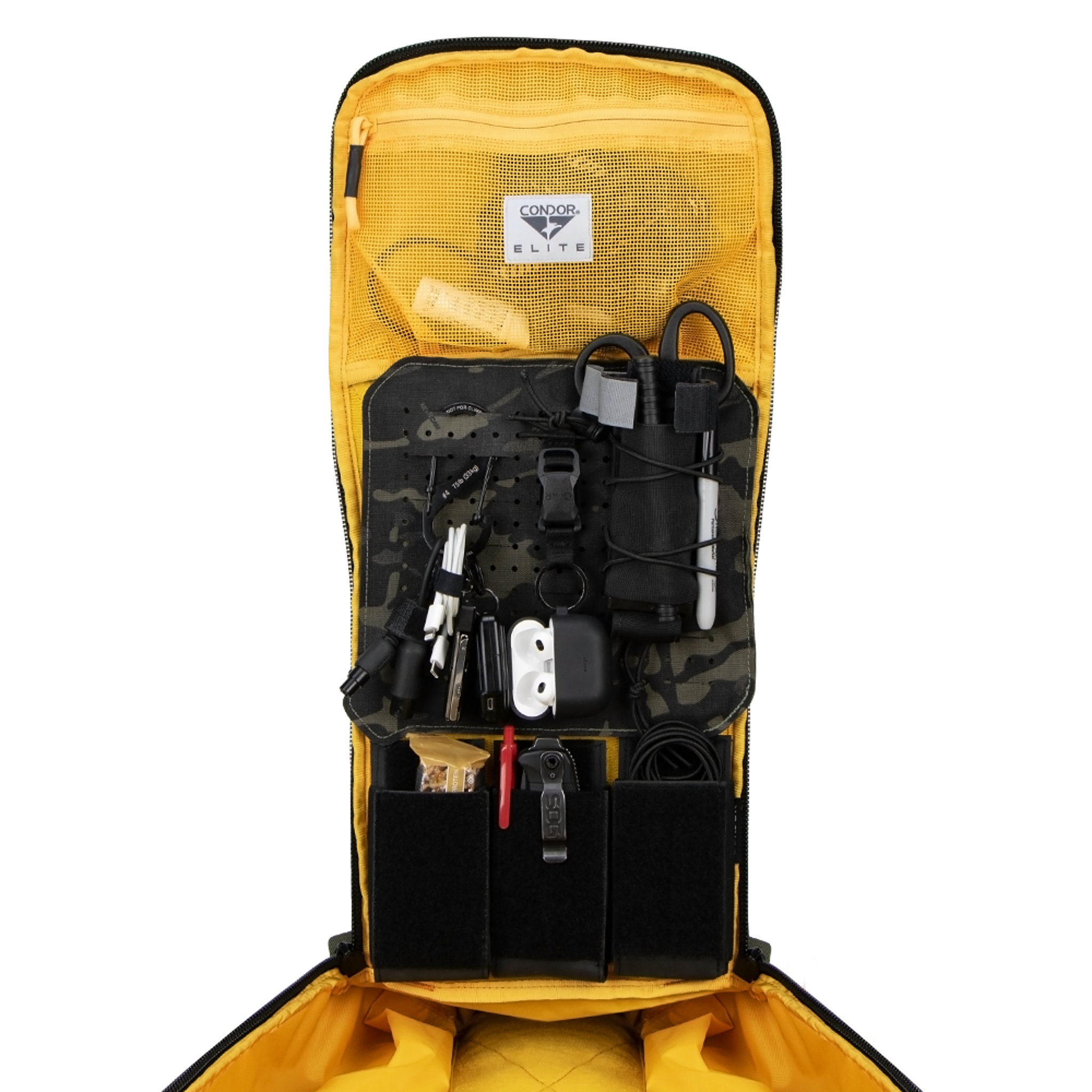 The Condor Nomad Backpack 25L is open, showing gadgets, cables, pens, a flashlight, and tools neatly arranged in mesh and elastic compartments.