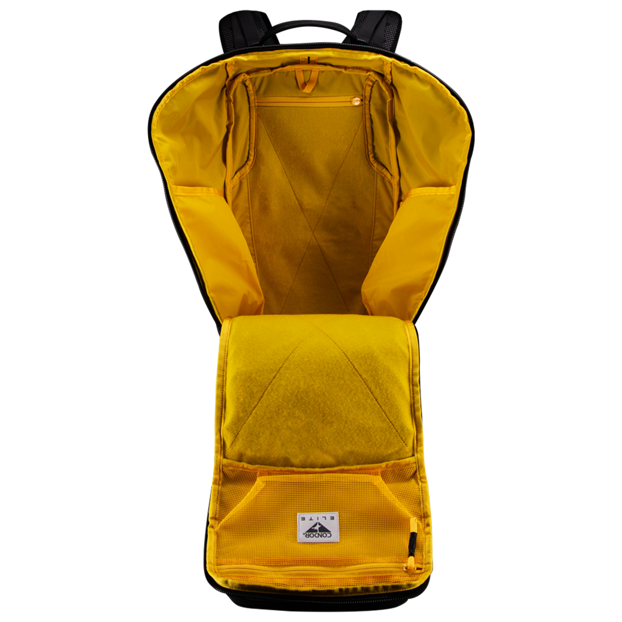 The Condor Nomad Backpack 25L in yellow is shown open with visible inner compartments and pockets, displayed against a white background.