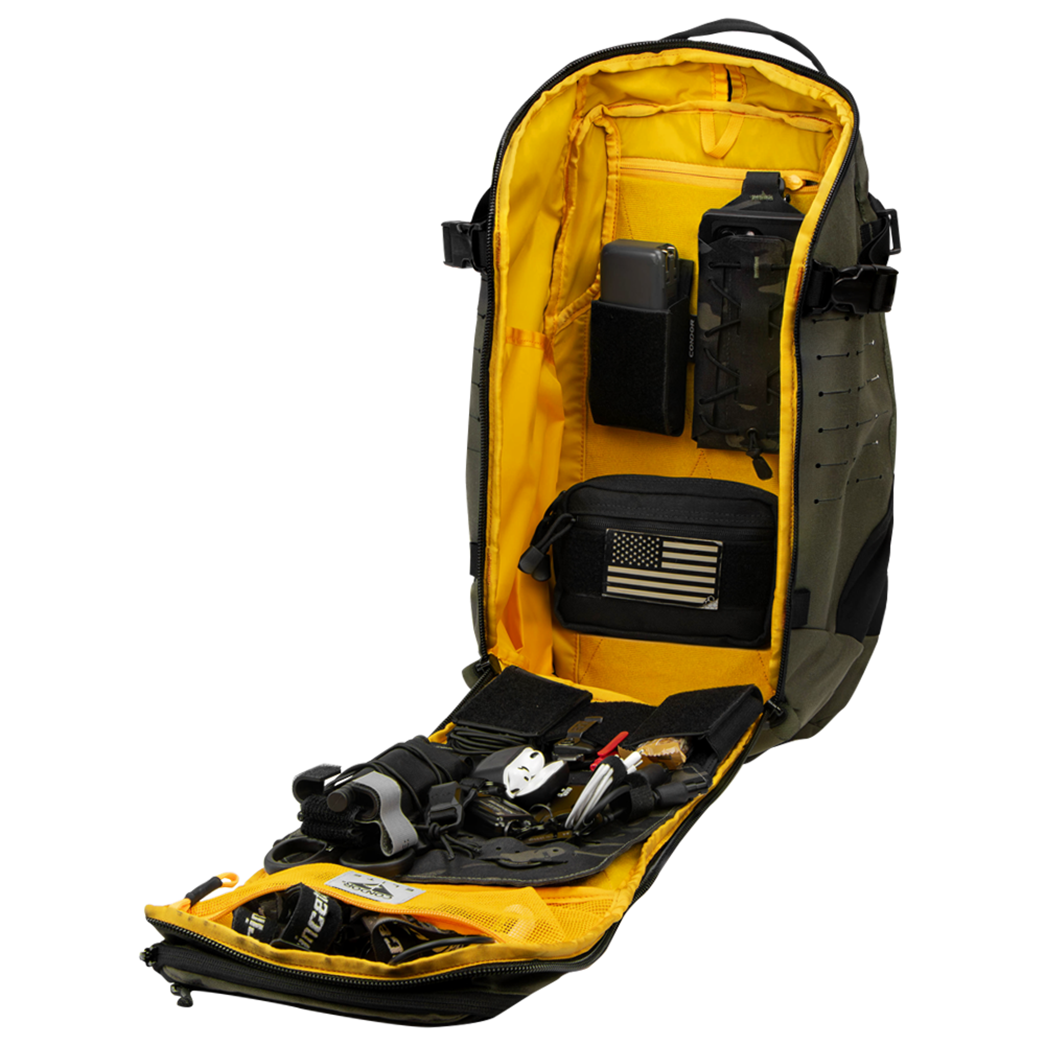 The Condor Nomad Backpack 25L is shown fully unzipped, its yellow interior revealing organized compartments with tools, gear, pouches, and an American flag patch.