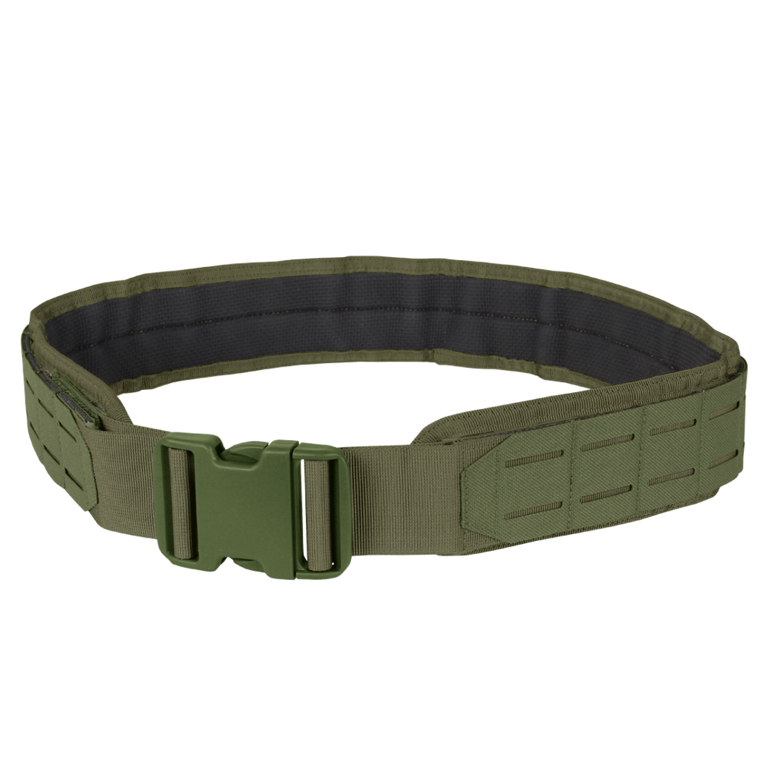 The Condor LCS Gun Belt in Olive Drab features durable tactical nylon, a strong plastic buckle, and laser-cut MOLLE webbing for attaching gear.
